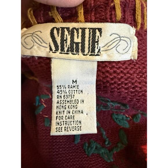 Vtg 80s Segue Womens Maroon Floral Embroidery Button Up Sweater Size M Medium - Picture 6 of 8
